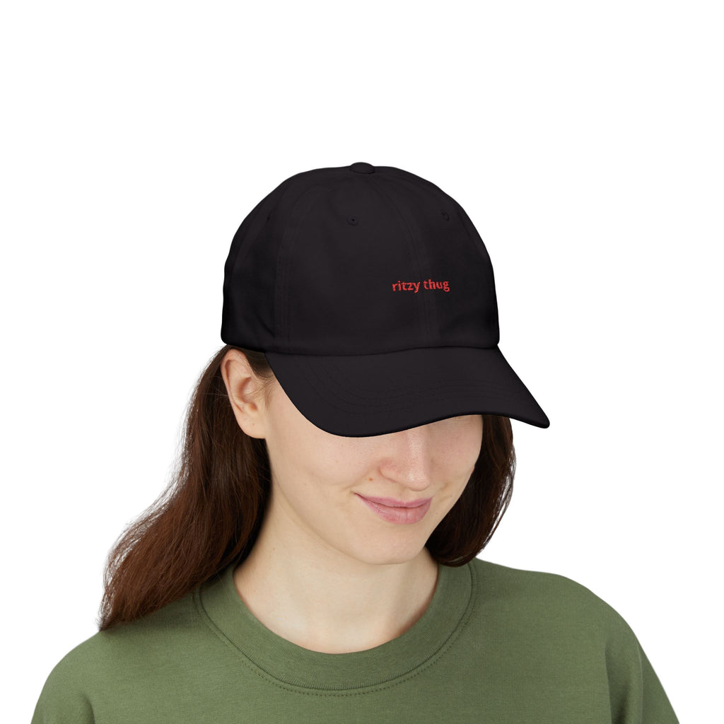 ritzy thug Classic Dad Cap | minimalist embroidered text, white baseball hat