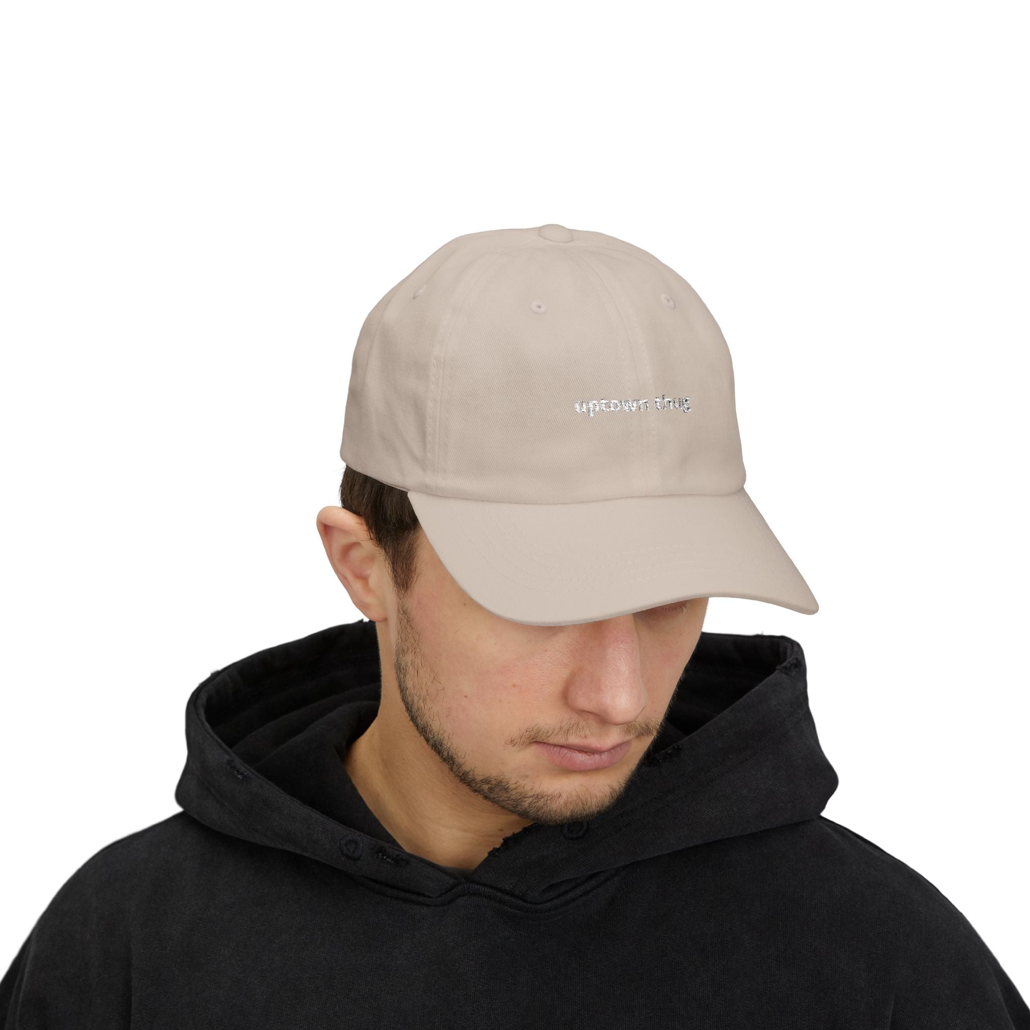 uptown thug Classic Dad Cap | embroidered text, neutral beige