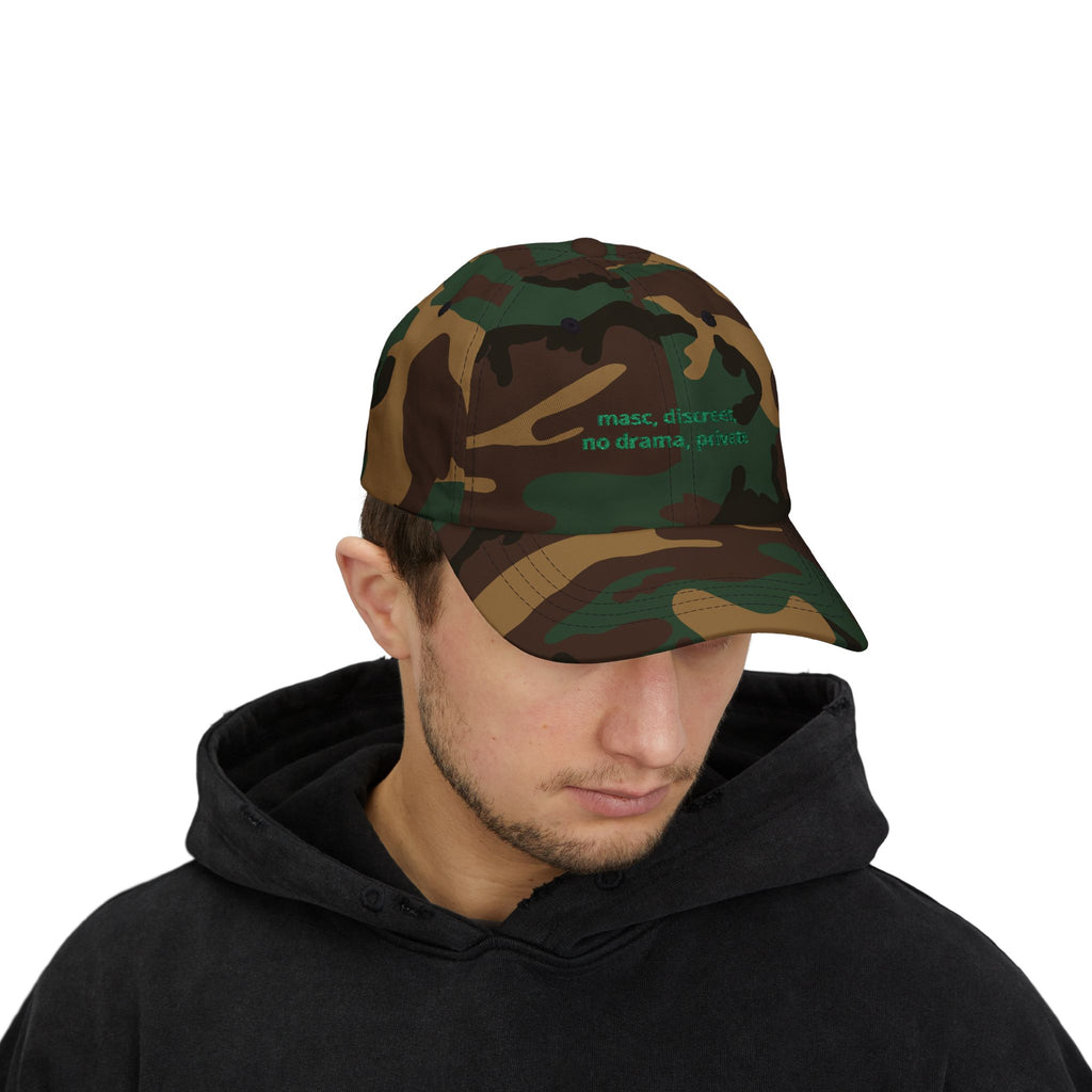 masc. discreet. no drama. private dad cap | camo embroidered hat