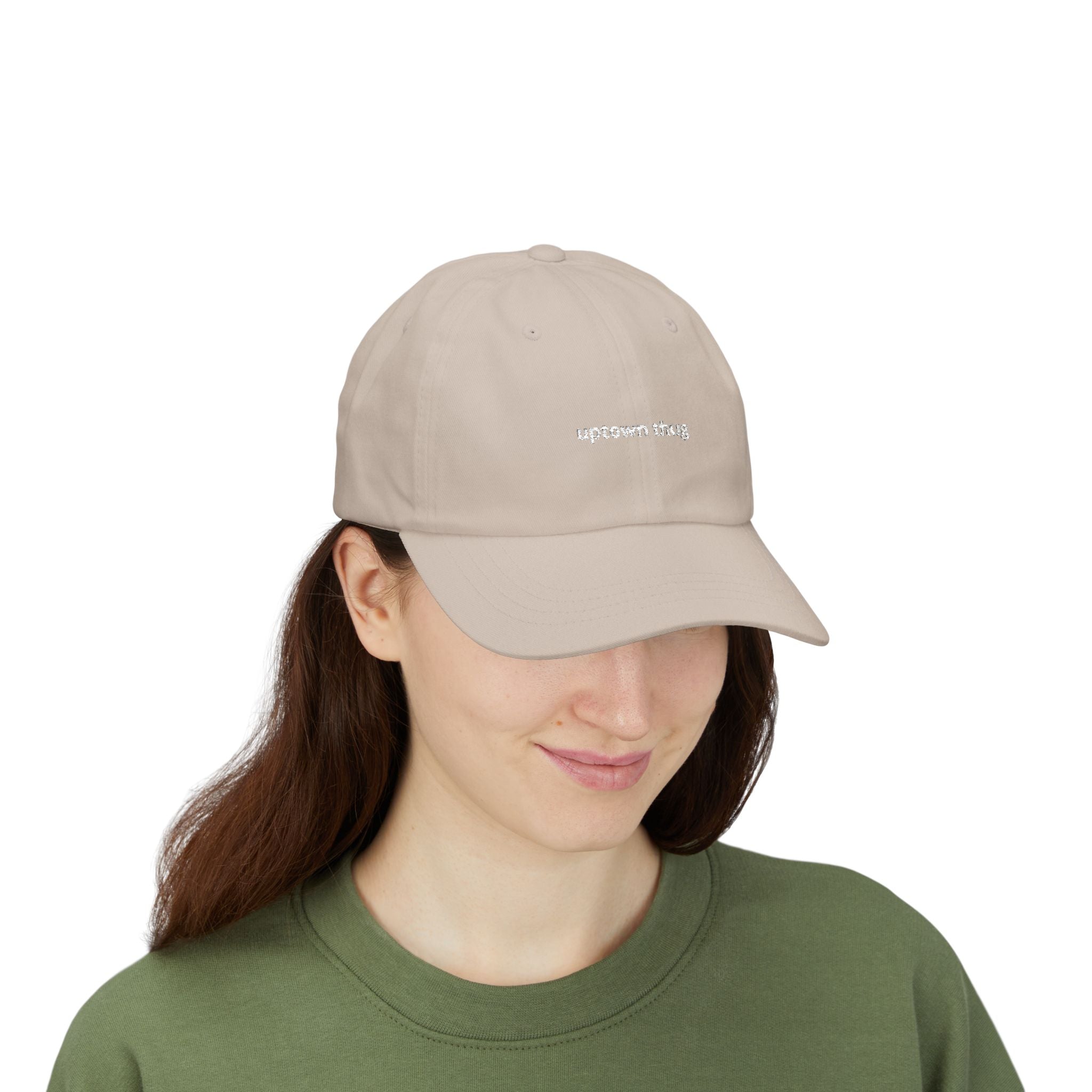 uptown thug Classic Dad Cap | embroidered text, neutral beige