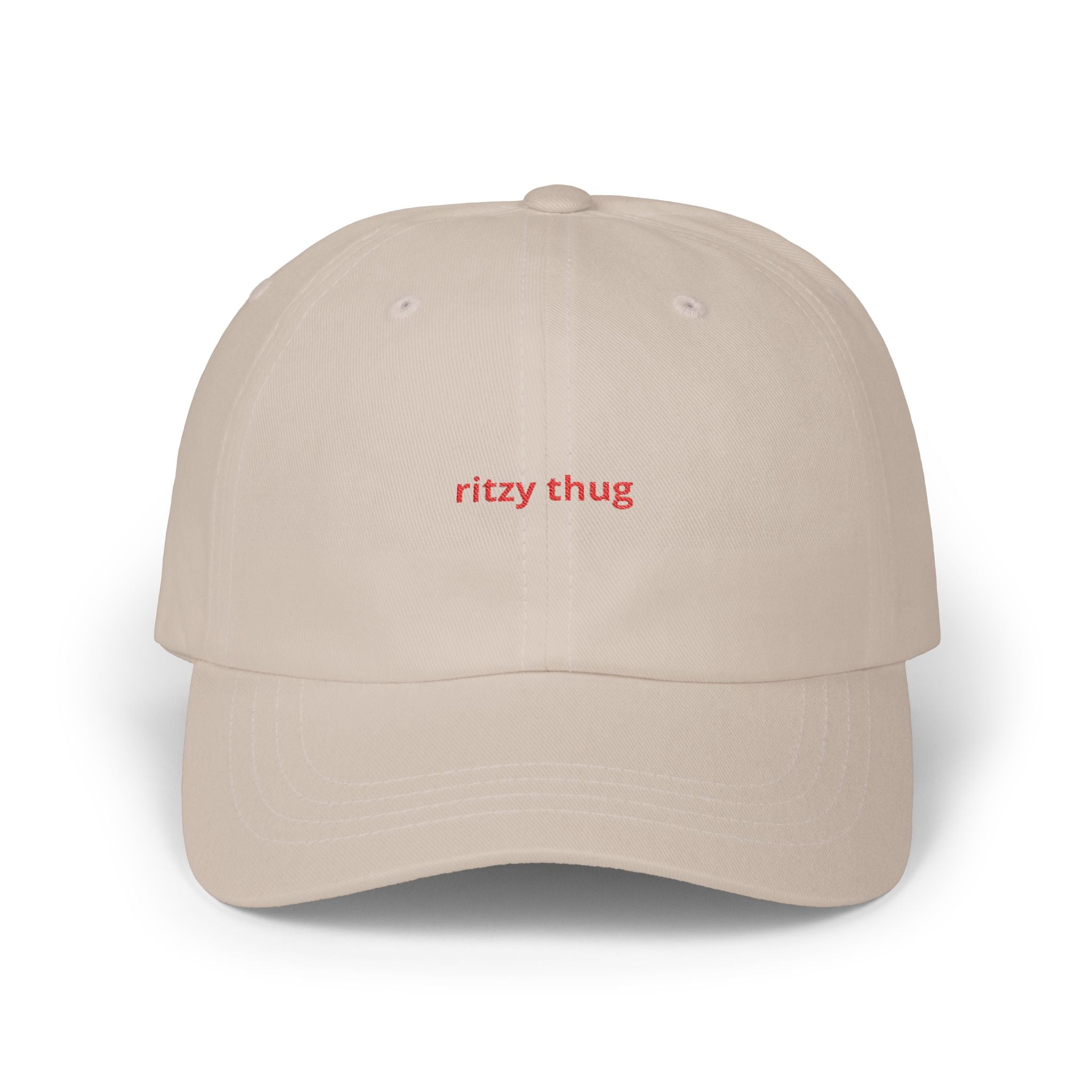ritzy thug Classic Dad Cap | minimalist embroidered text, white baseball hat