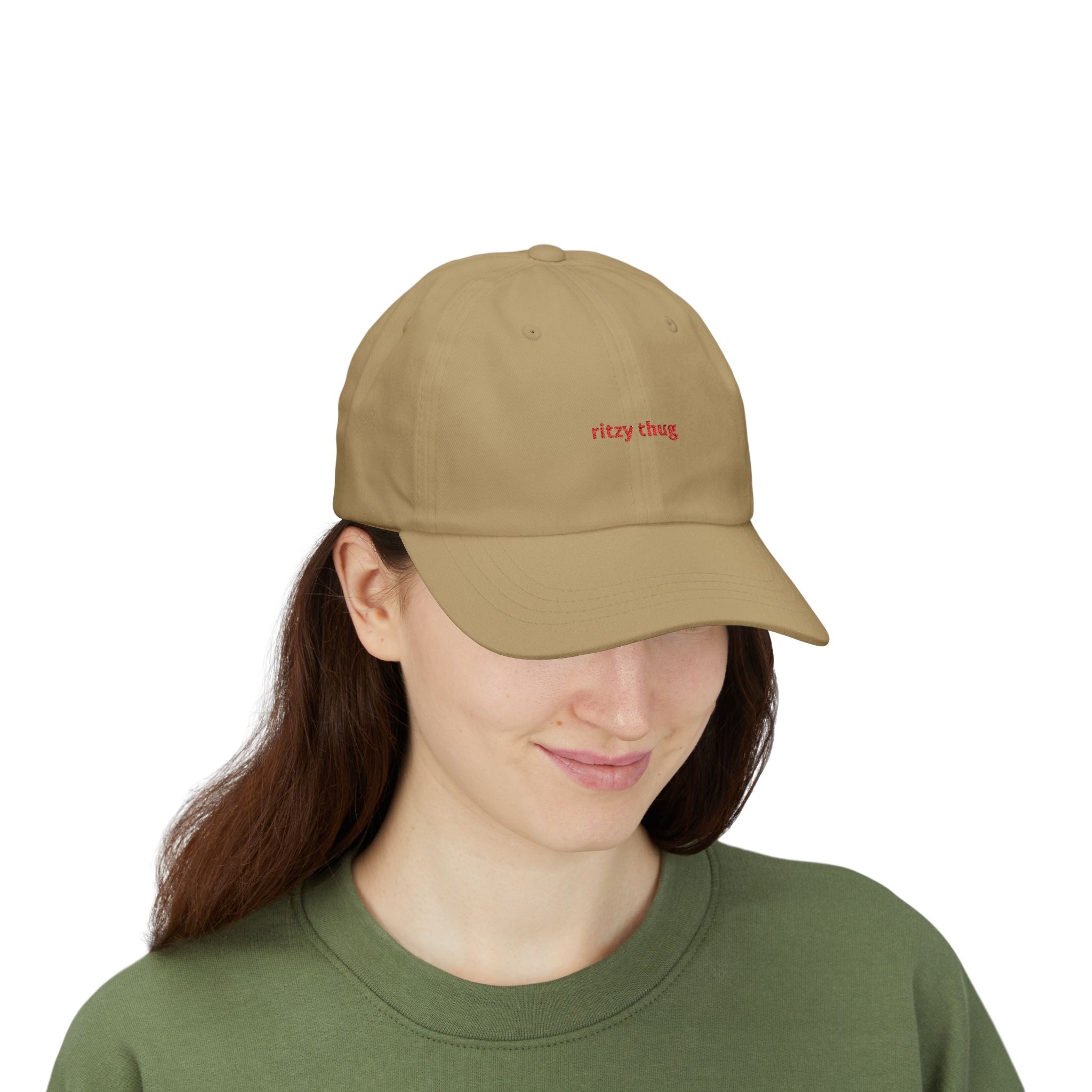 ritzy thug Classic Dad Cap | minimalist embroidered text, white baseball hat