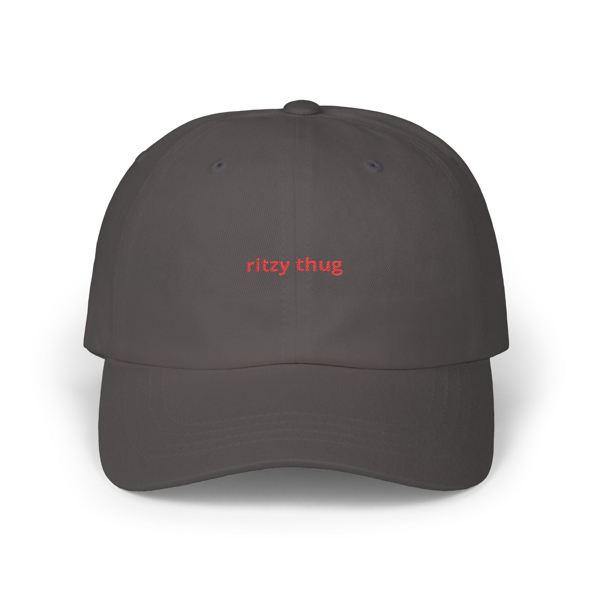 ritzy thug Classic Dad Cap | minimalist embroidered text, white baseball hat