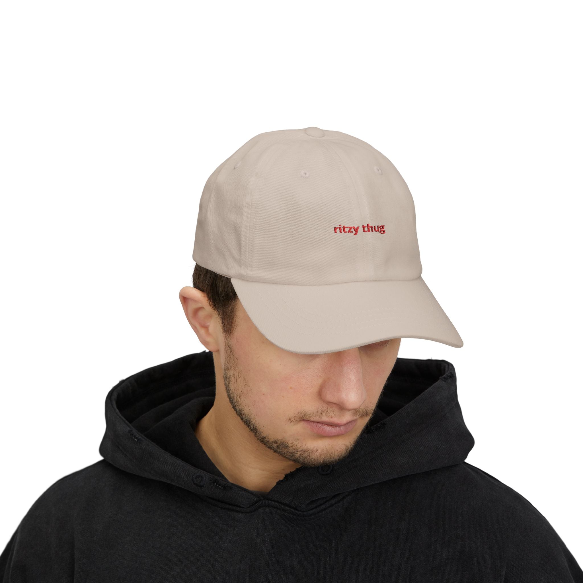 ritzy thug Classic Dad Cap | minimalist embroidered text, white baseball hat