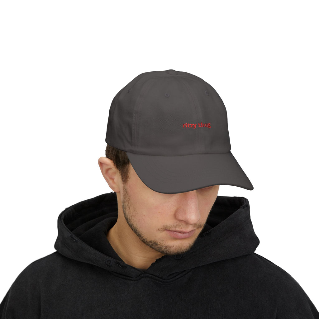 ritzy thug Classic Dad Cap | minimalist embroidered text, white baseball hat