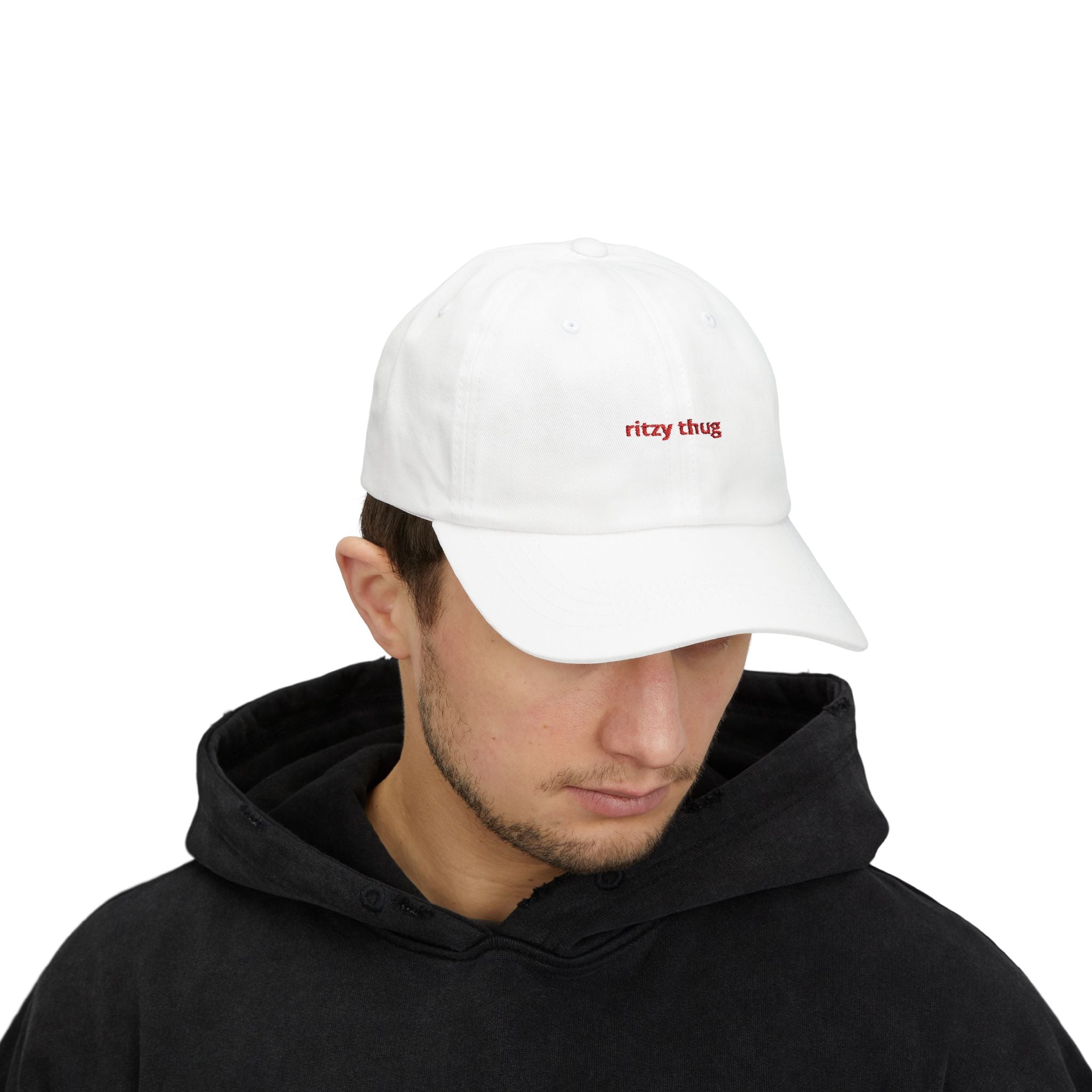 ritzy thug Classic Dad Cap | minimalist embroidered text, white baseball hat
