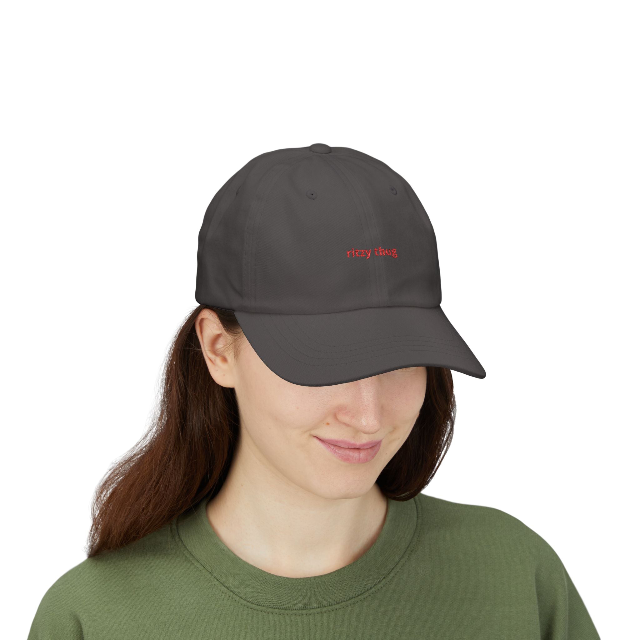 ritzy thug Classic Dad Cap | minimalist embroidered text, white baseball hat