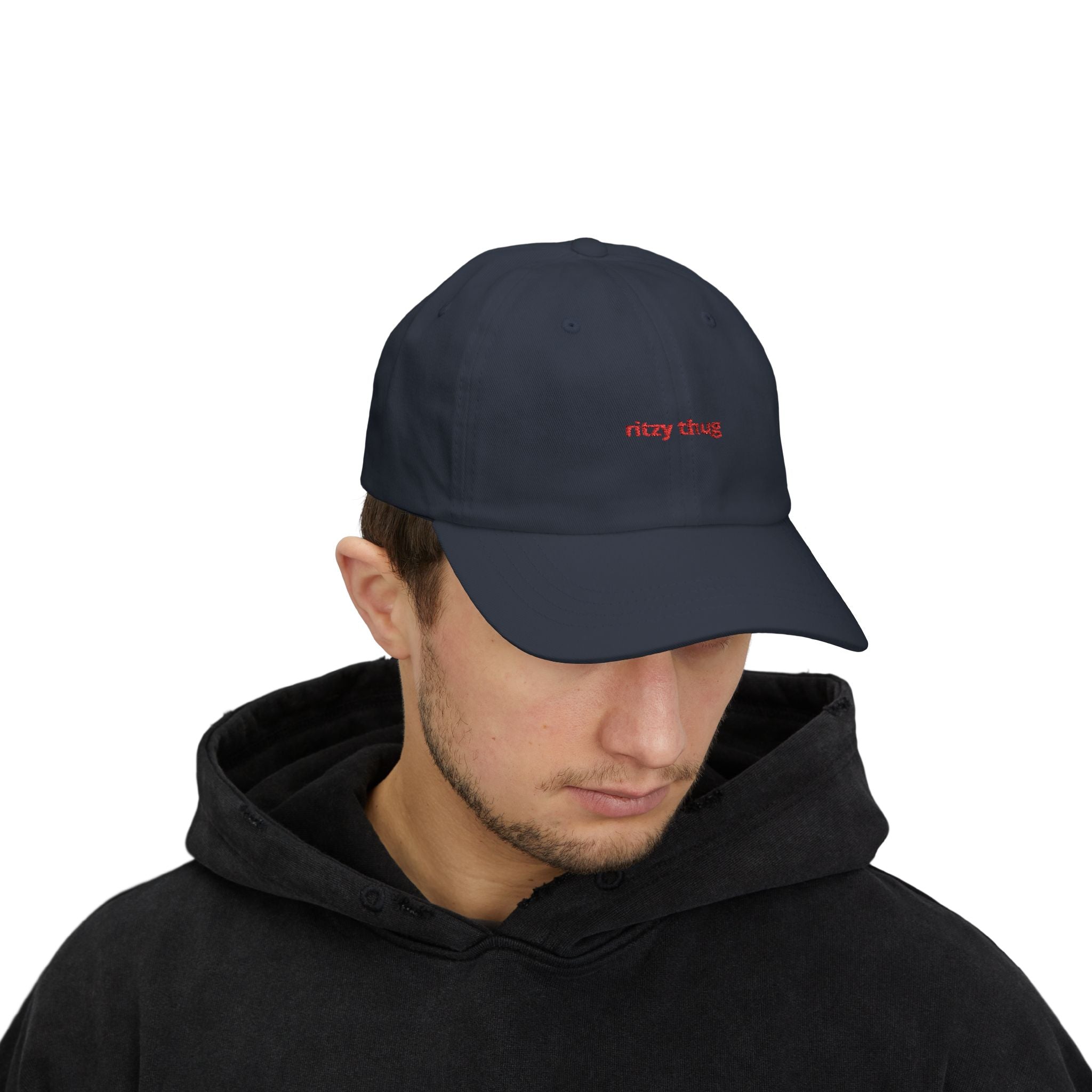ritzy thug Classic Dad Cap | minimalist embroidered text, white baseball hat