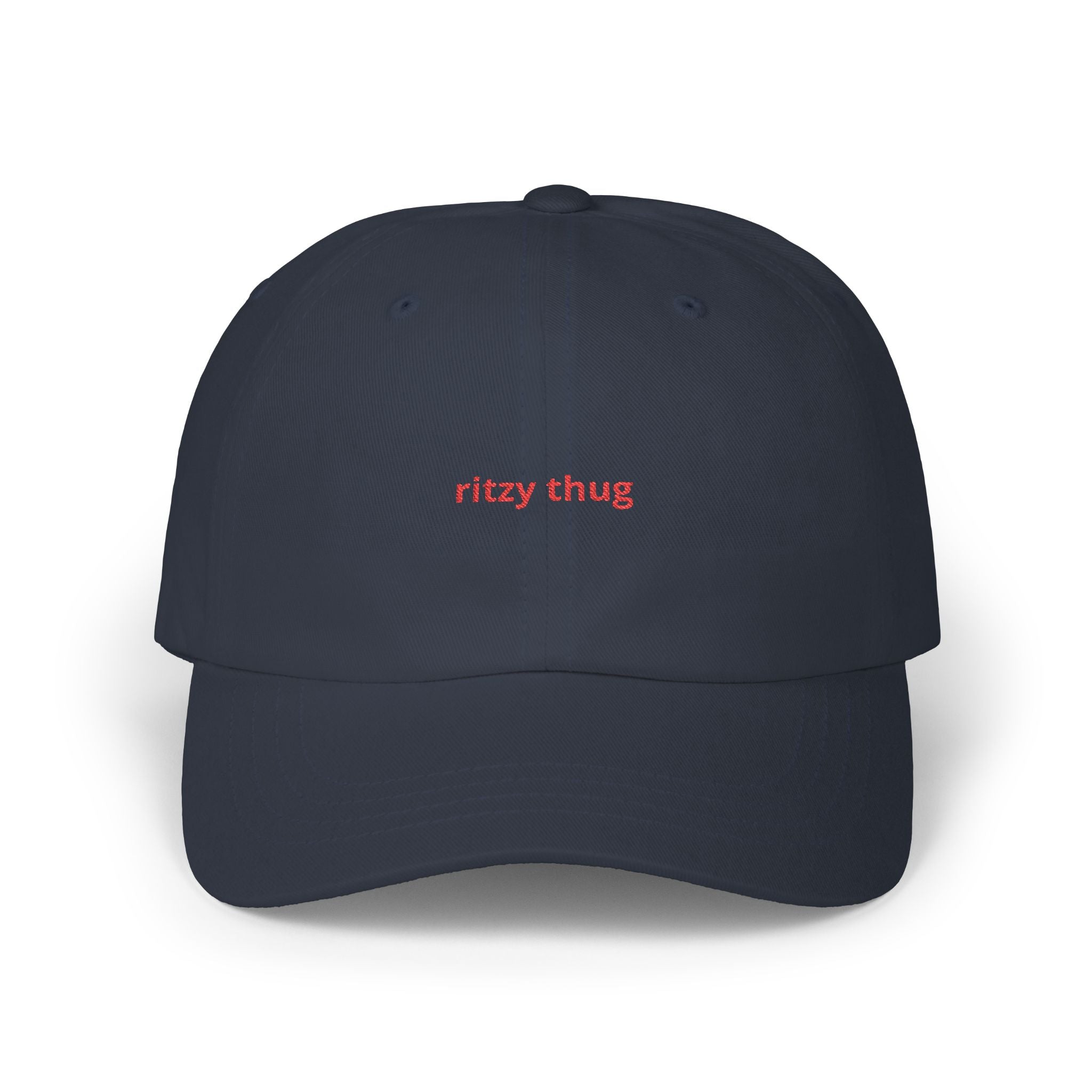 ritzy thug Classic Dad Cap | minimalist embroidered text, white baseball hat