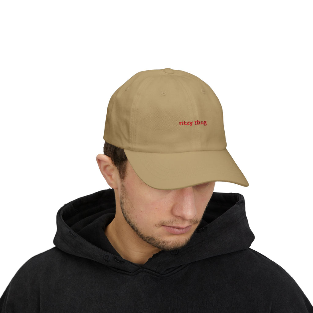 ritzy thug Classic Dad Cap | minimalist embroidered text, white baseball hat